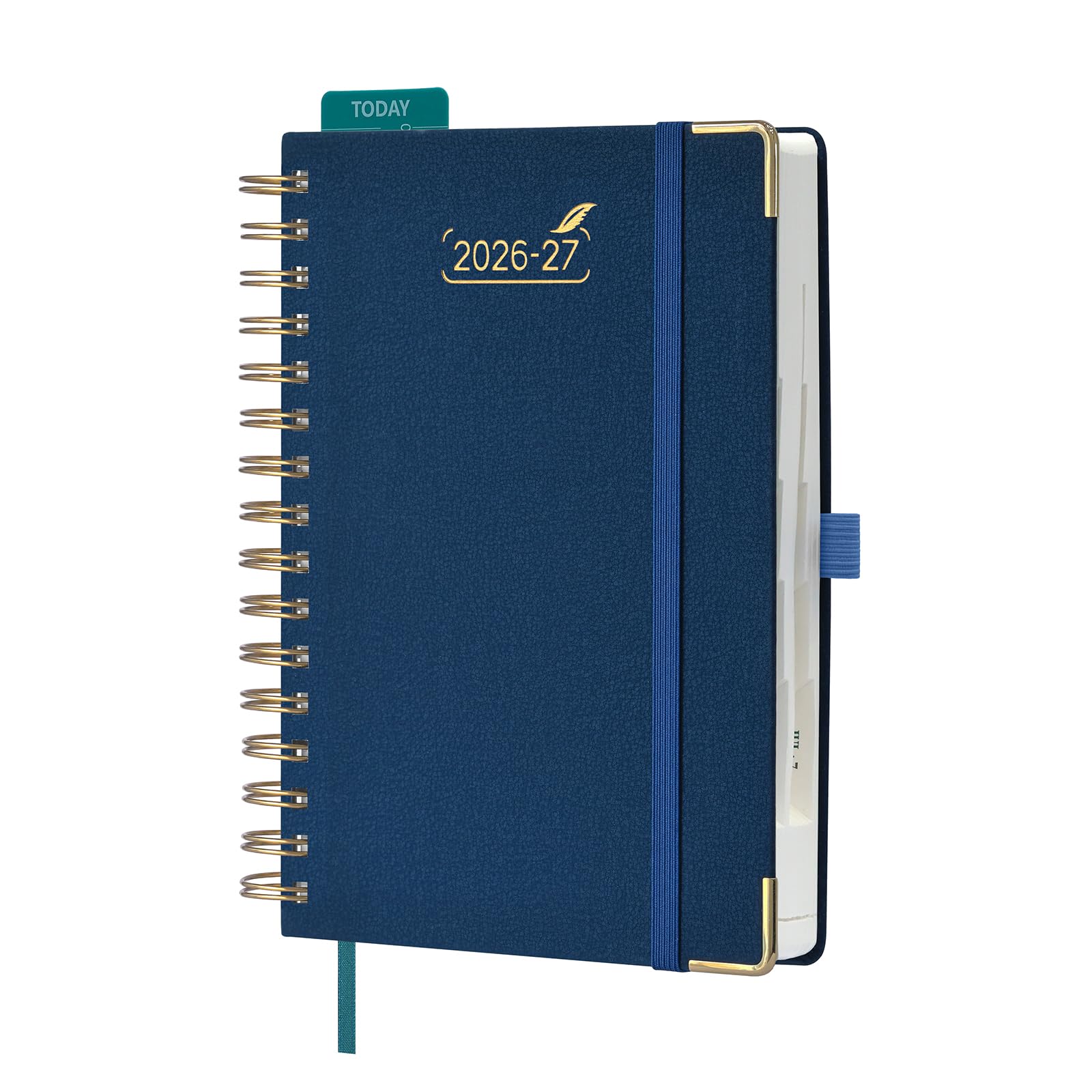 BEZEND A5 Academic Diary 2026-2027 Page A Day Spiral (Aug'26-Jul'27). Daily Planner with 30 Minute Intervals. Appointment Book with Tabs & Pocket. for Work and Home. PU Leather Hardback, Prussian Blue