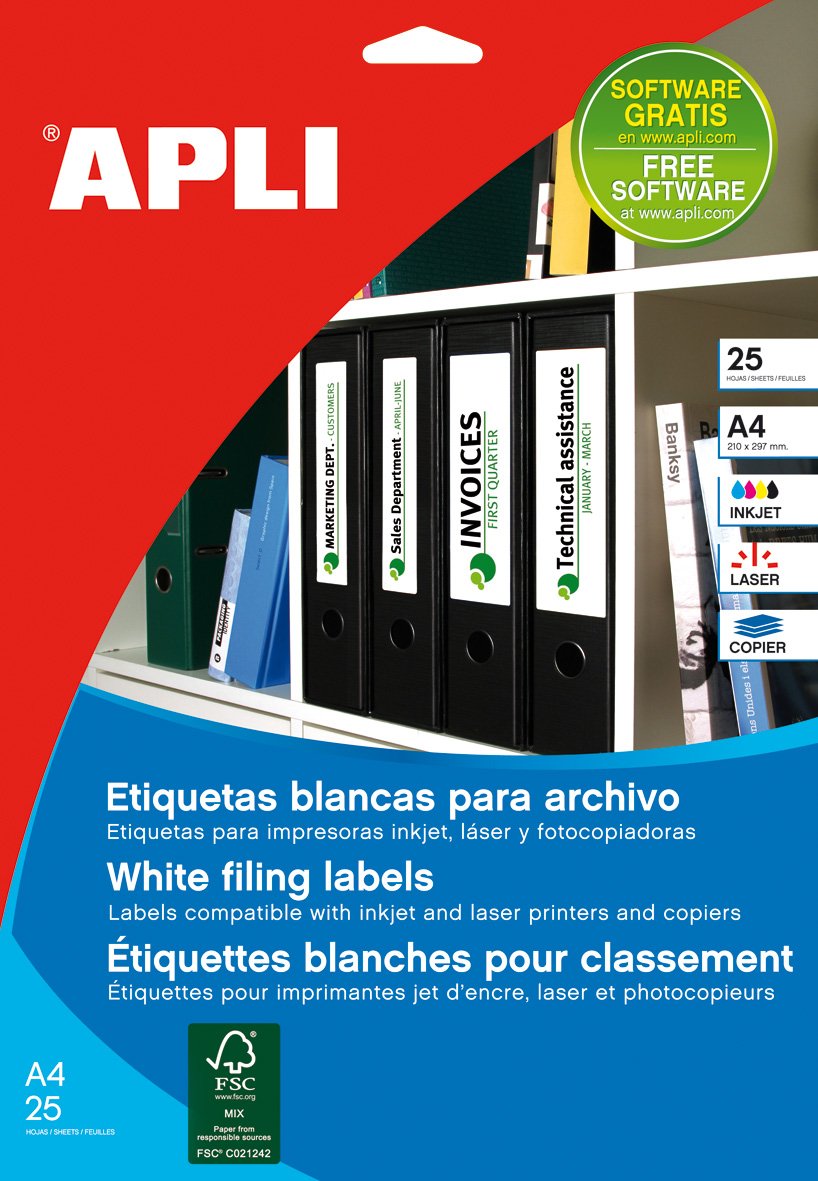 APLI 1233 – White File Labels 190 x 61 mm 25 Sheets