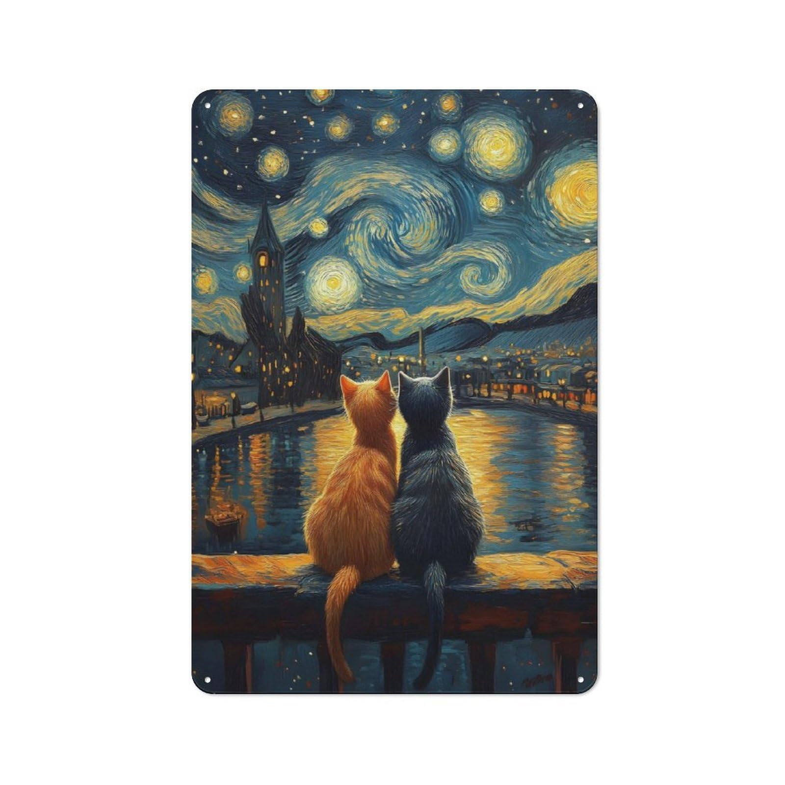 Junmoney Starry Night Cats Industrial Metal Sign With Design 30X20cm, Modern Retro Loft Wall Plaque For Workspace, Cafe, Hallway Or Garage