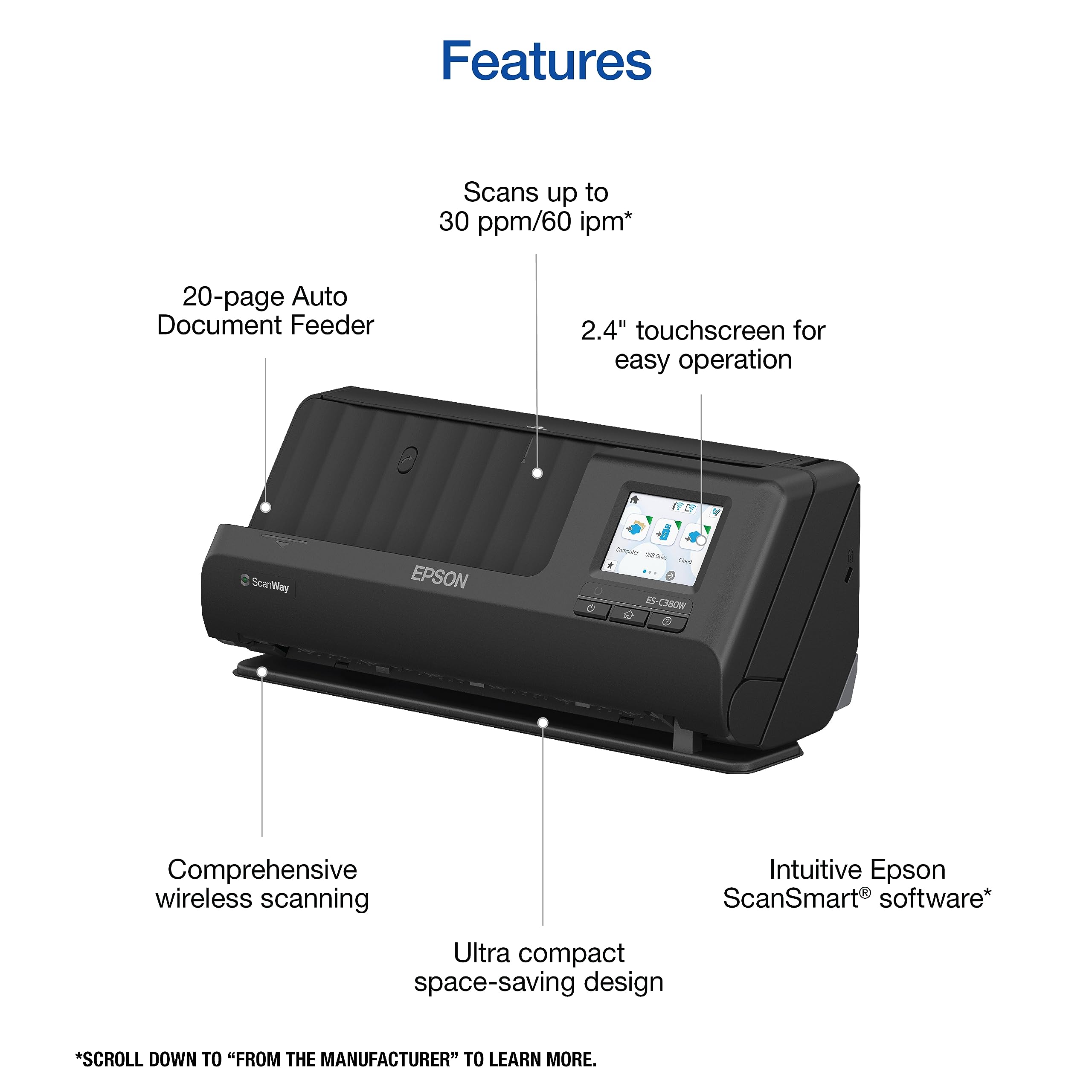 Epson Workforce ES-C380W Escáner de documentos compacto inalámbrico de escritorio con escaneo de 2 lados y alimentador automático de documentos (ADF) para PC y Mac