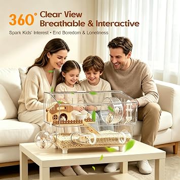 Large Acrylic Hamster Cage, Dwarf Hamster Cage, 2-Layer Design with all accessories, Top Open Mouse Cage for Pet Mice, Clear View Mushroom House Style Large Hamster Habitat for Dwarf Hamster, Gerbils