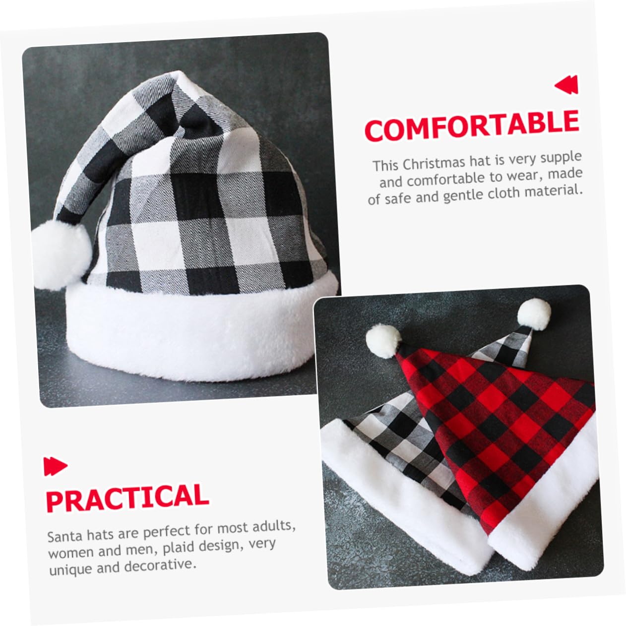 Bonnet de Père Noël à Carreaux Noir et Blanc Chapeau Unisexe pour Fête de Noël Accessoire Photographique et Costume