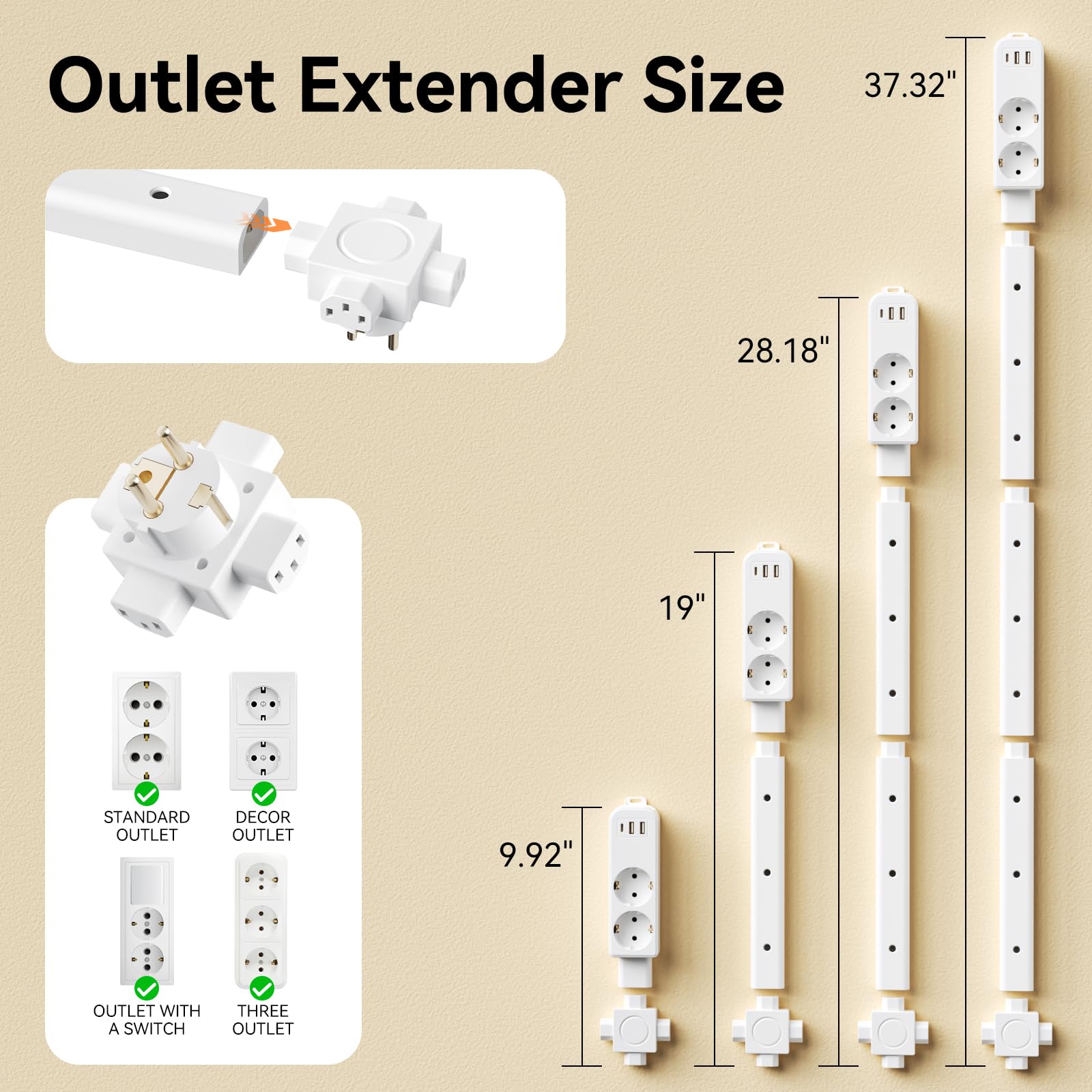 Multipresa Ciabatta Elettrica Estensibile con 3 asticelle estensibili, [Regolabile 9,92-37,32 pollici], 3 Presine AC, 2 USB-A, 1 USB-C, 360° montabile, ideale dietro divano e comodino