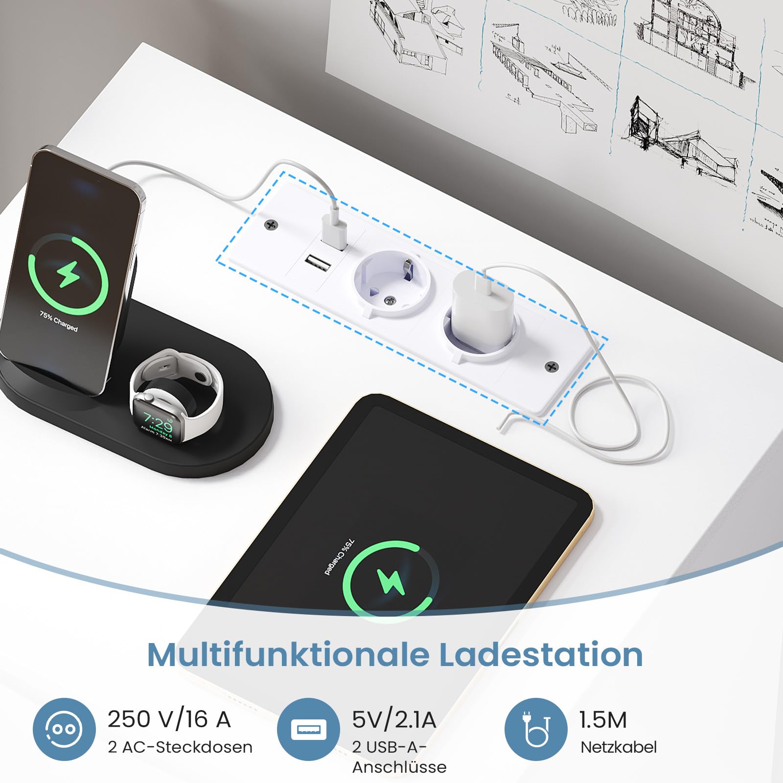 Brinlawb Nachttisch 2er Set mit LED-Beleuchtung und Ladestation (2 AC-Steckdosen & 2 USB-Anschlüsse) Nachtschrank 2er Set mit 3 Schubladen Beistelltisch für Schlafzimmer, Einfache Montage, Wohnzimmer