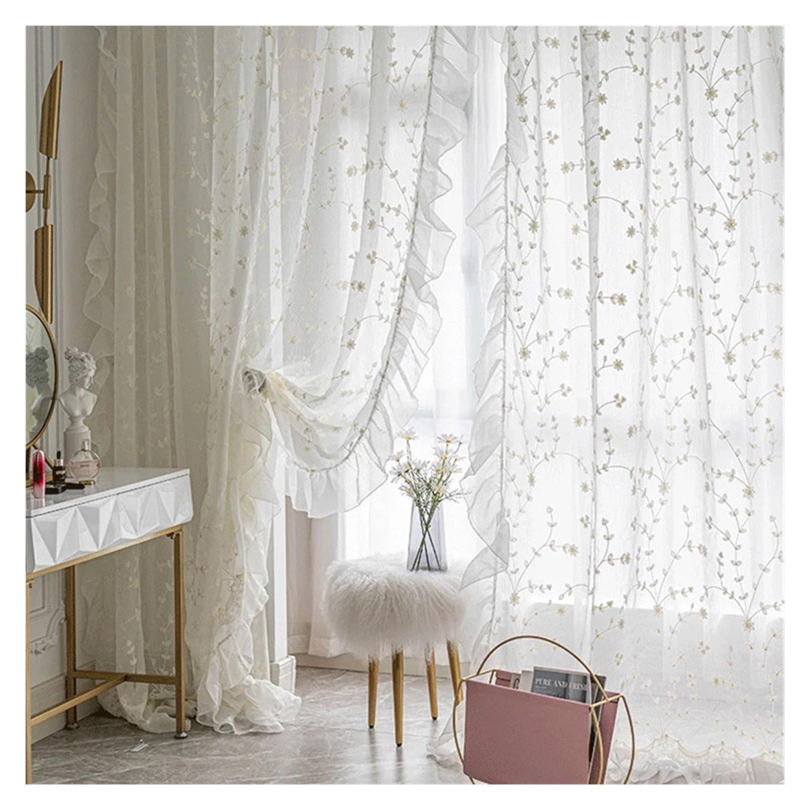 DFGRGRV Ruffle Curtains White Floral Embroidered Sheer Tulle French Ruffle Linen Curtains For Living Room Bedroom Door Window Breathable Voile Drapes(1 PCS W200 X H260cm)