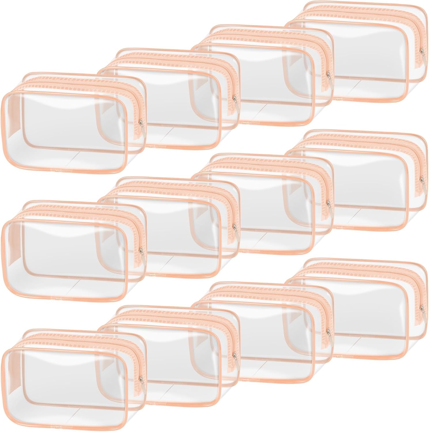 TISRATOK 12 PCS Clear Makeup Bag for Women with Zipper, TSA Approved Toiletry Pouch, Cosmetic Bag Bulk for Travel Organizer Essentials -Orange-pink, Small