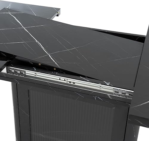 Miniatura 8 de Mesa de comedor extensible con almacenamiento, 160 cm de extensión para ahorrar espacio, mesa moderna negra con superficie de mármol sintético MDF