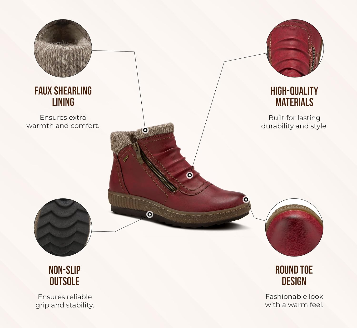 Spring Step Relife Cleora Women's Water - Resistant Synthetic Leather Ankle Booties with Dual Full - Length Zippers, Faux Shearling Lined