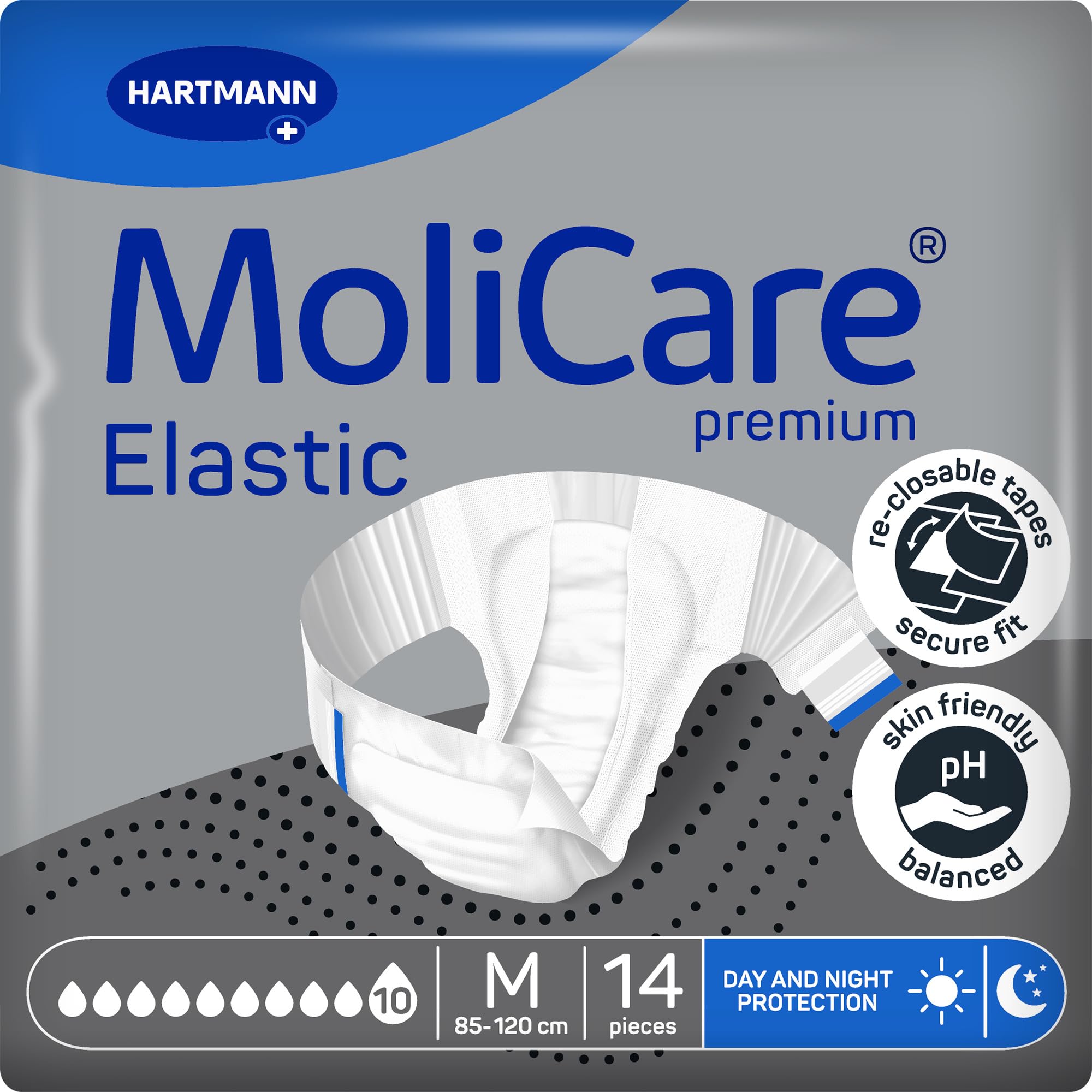 MoliCare Premium Elastic Adult Nappies – 10 Drops | High Absorbent Disposable Night-Time Nappies for Men & Women with Very Severe Incontinence | Size M | Pack of 14