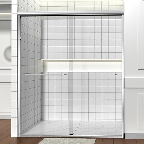 CKB Puerta de ducha doble corredera, 56"-60" W x 72" H Puerta de ducha semi-sin marco, 14" (6 mm) ANSI vidrio templado acabado cromado
