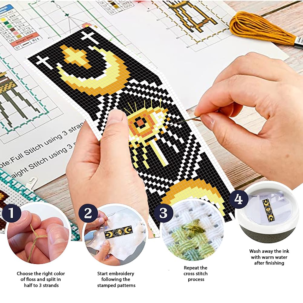 FREEBLOSS 6 Set Cross Stitch Bookmark Kits Evil Eye Stamped Cross Stitch Kit Embroidery Bookmarks Moon Phases Stamped Cross Stitch Kits Embroidery Kit for Adults Beginners with Clear Instructions - Image 4