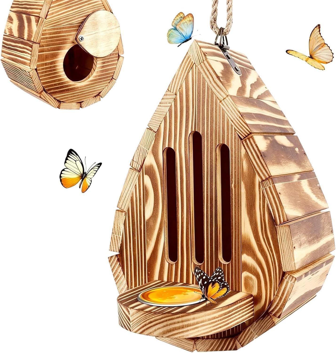 Butterfly House Wooden Habitat With Feeder, Butterfly House for Garden, Wooden Butterflies-Teardrop-Shaped Butterflies Habitat & Feeder With Rope for Garden Decor (B)