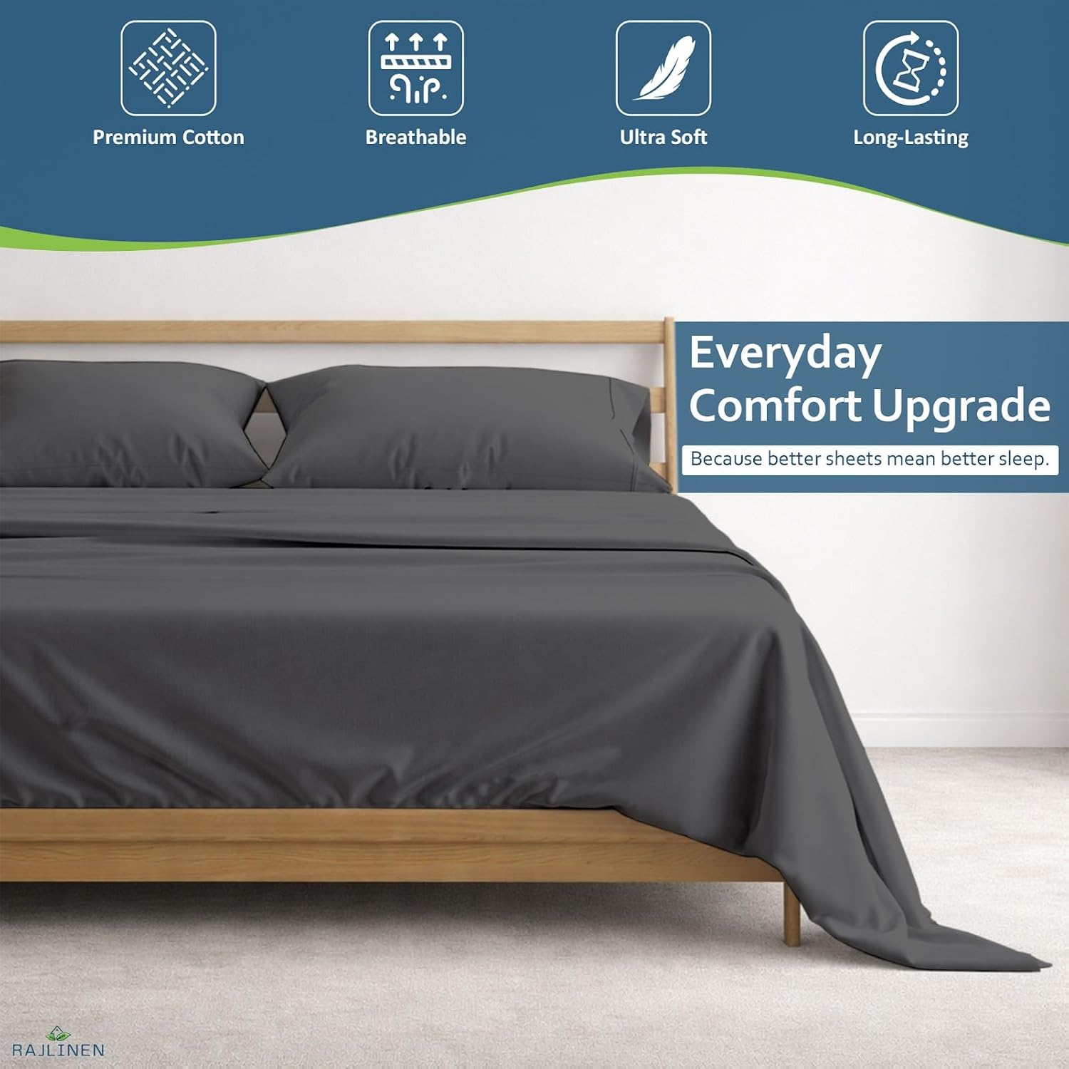 Rajlinen 100% Cotton Three Quarter (48" x 75") Sheets Set, Cooling & Breathable Bed Sheets, 16 Inch Deep Pocket Fitted Sheet with All-Around Elastic, Soft & Durable Bedding Set, Dark Grey Solid