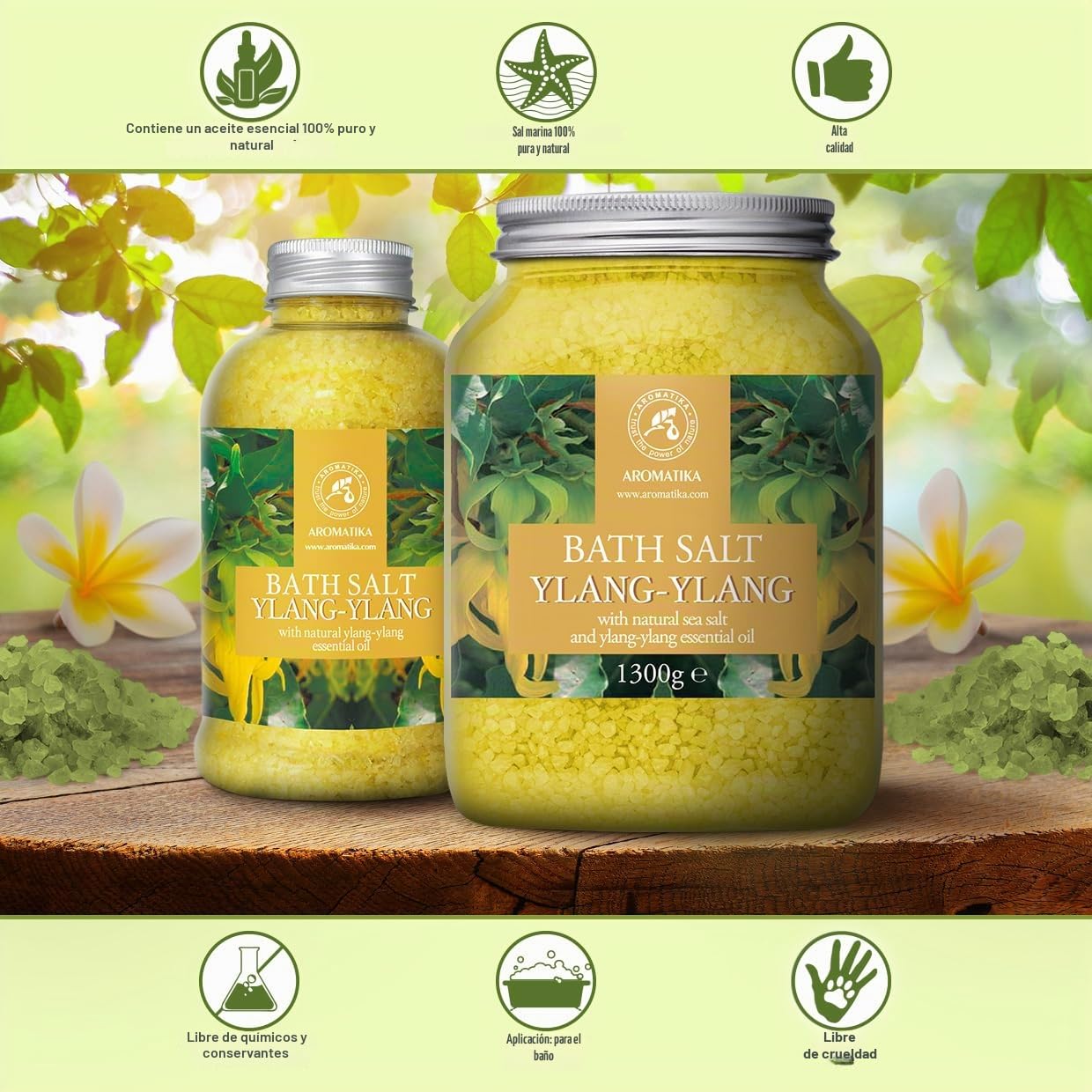Sal de Baño con Aceite Esencial Ylang Ylang - 1300g - Espuma de Baño - Baños de Burbujas - Cuidado del Cuerpo - Buen Sueño - Bienestar - Relajación - Aromaterapia - Aroma Ylang