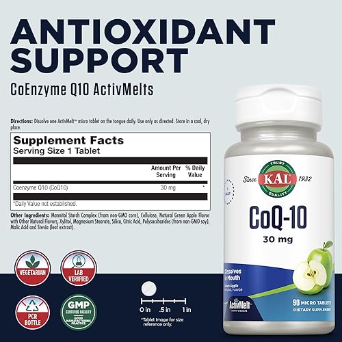 Miniatura 2 de KAL CoQ10 30 mg, fórmula antioxidante, suplemento CoEnzyme Q10 para la salud del corazón y apoyo de energía celular, ActivMelts de disolución