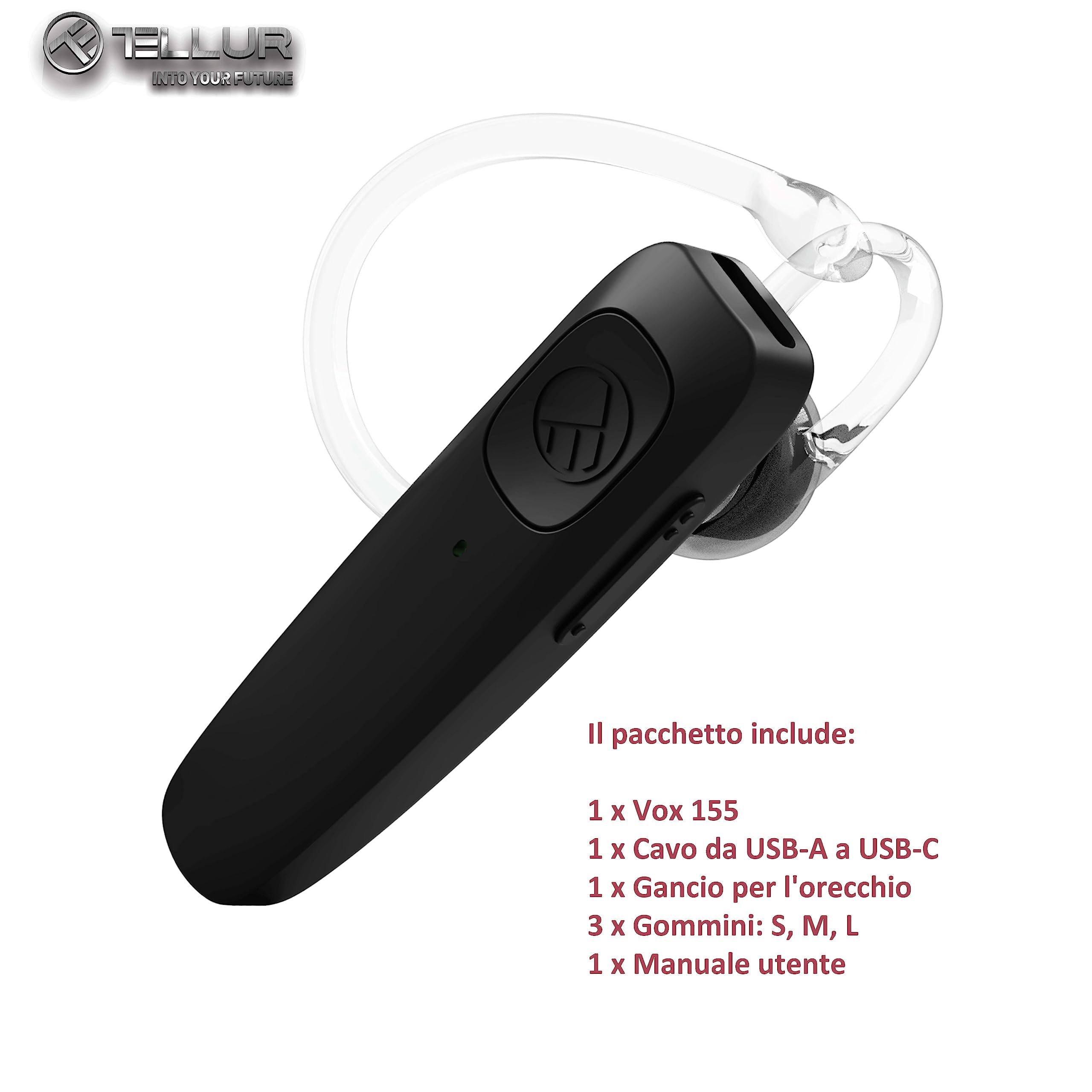 TELLUR VOX 155 Auricolare Bluetooth, Auricolare Vivavoce USB-C, Multipunto Due Dispositivi Simultanei, HD Voice Due Microfoni per la Soppressione del Rumore, Gancio a 360° per Destro o Sinistro
