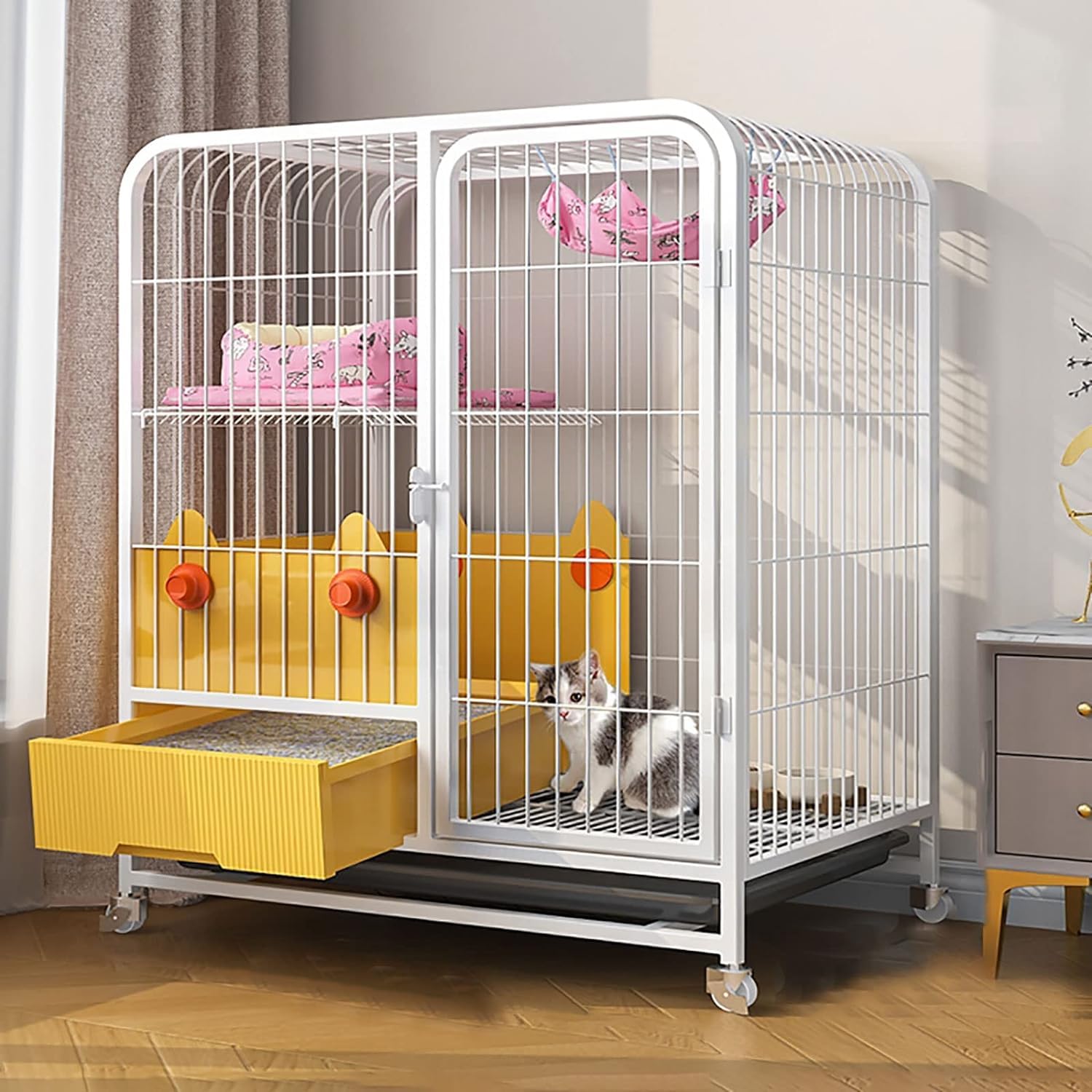 asdchZen Cat House Indoor Cat Cage With Litter Box - Large Cat Cages Cat Crate Cat Playpen With Wheels Metal Kitten Cage,White/Yellow For Cat And Small Animals,White-78x55x100cm