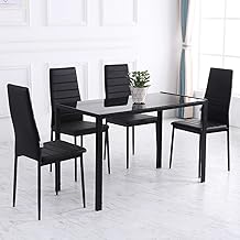 HomeBelongs Modern Black Dining Table Set of 4 - Stylish Kitchen Dining Table with Chairs - Rectangular Sleek Space Saving Tempered Glass Top and Metal Frame - Perfect for Bar Table, and Coffee Table