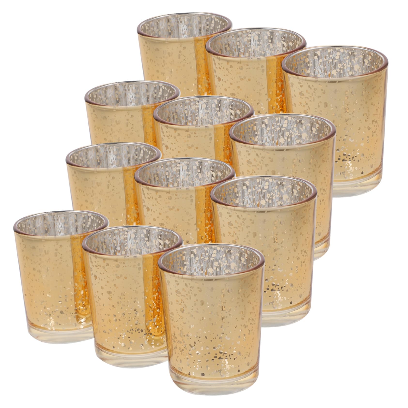 Portavelas de Cristal Dorado 12 Piezas para Velas de Té | Vidrio, Diseño Elegante de Aire Antiguo, Centro de Mesa y Decoración de Sobremesa