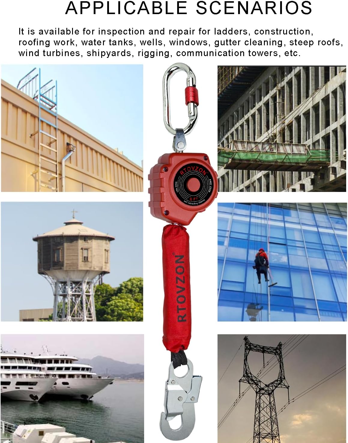 6FT Web Self Retracting Lifeline, Swivel Top Self Retractable Safety Lanyard, RTOVZON No Tangle Lightweight Housing SRL, Fall Arrest Protection PPE Gear, OSHA/ANSI Compliant