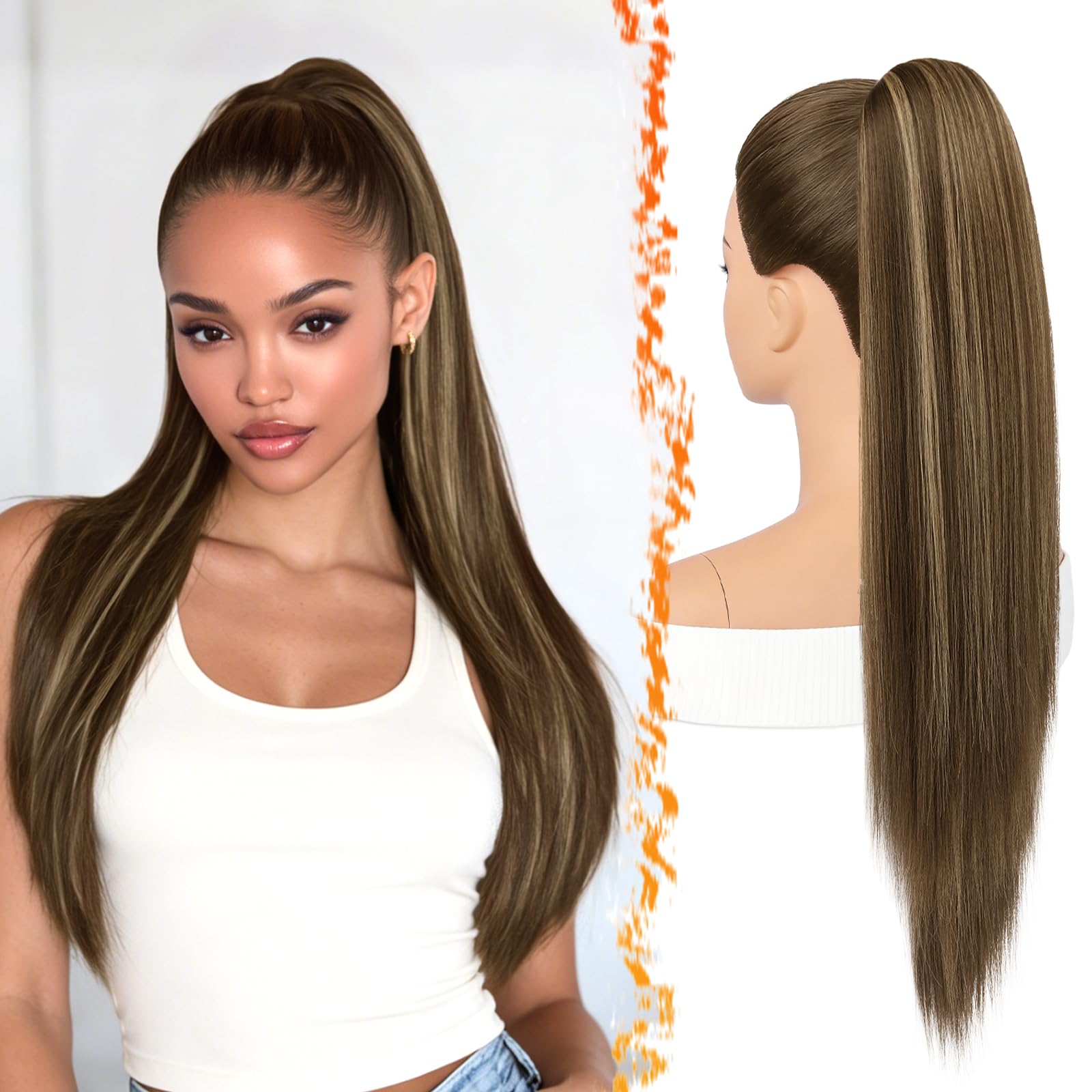 BARSDAR Raides Extension Queue de Cheval, 70cm longue Ponytail Extensions avec Cordon Naturel Synthétique Cheveux Cheer Posh Queue de Cheval Postiche Extension Cheer Competition - Marron avec Blond