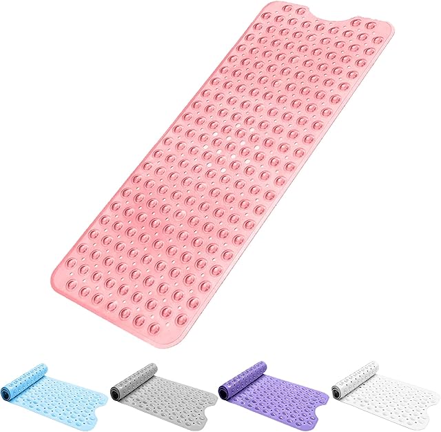 Bath Mat Non Slip Anti Mould 100x40cm - Extra Large Shower Mats with Suction Cups and Drain Holes, Rubber Bathtub Mat for Bathroom, Machine Washable (Clear Pink)