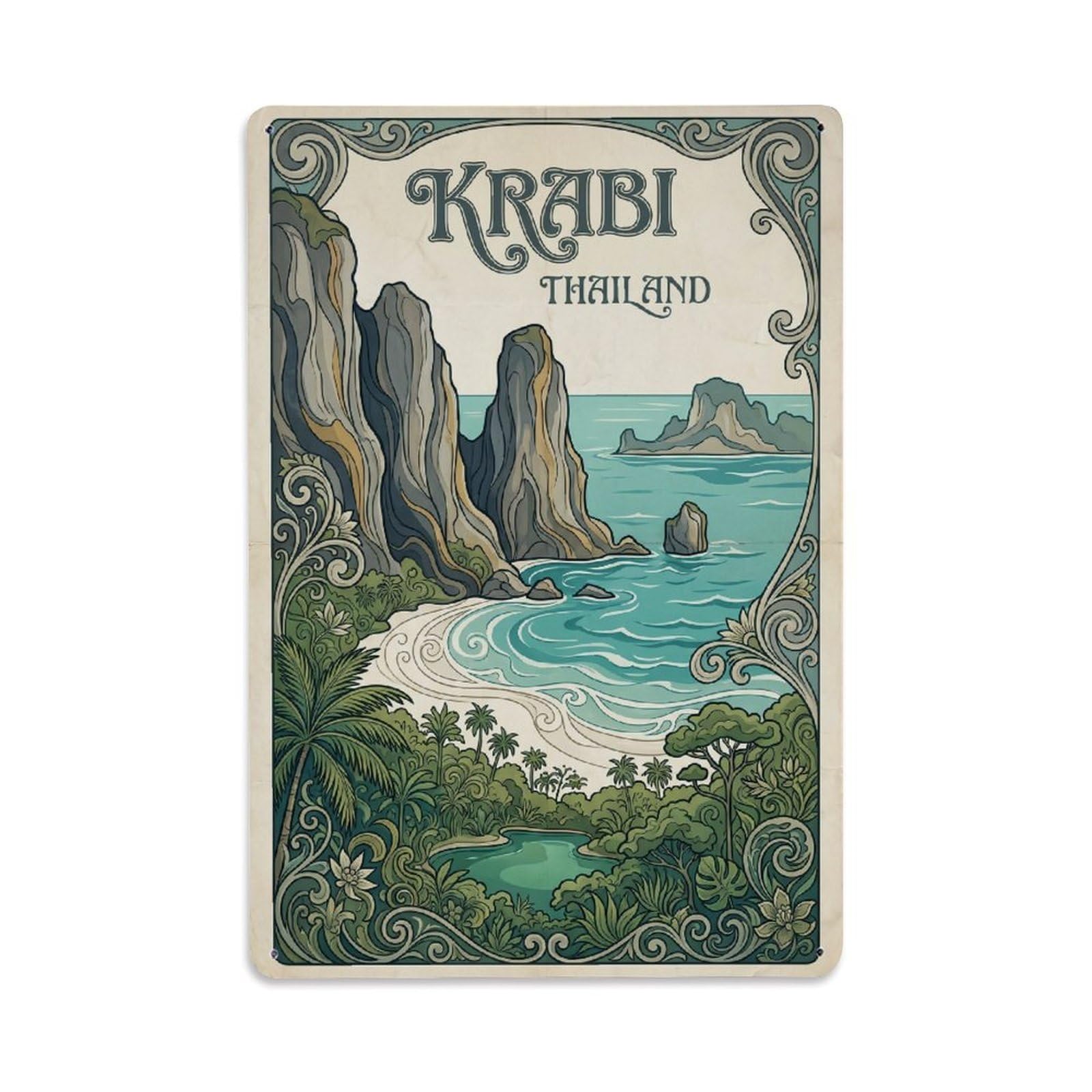 Thailand Krabi Travel Retro Metal Tin Sign Plaque Wall Decor for Cafe, Club Bar, Office, Garden Metal Poster 8x12Inch