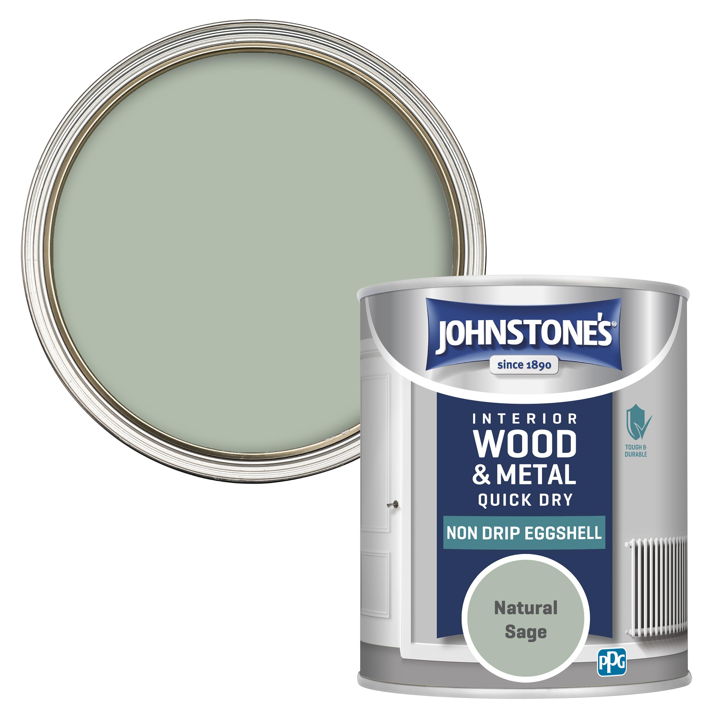 Johnstone's - Quick Dry & Nondrip Eggshell Paint for Wood & Metal - Natural Sage | Interior | Low Odour, Water-Based Formula, Dry in 1-2 Hours | 12m2 Coverage per Litre | 750ml
