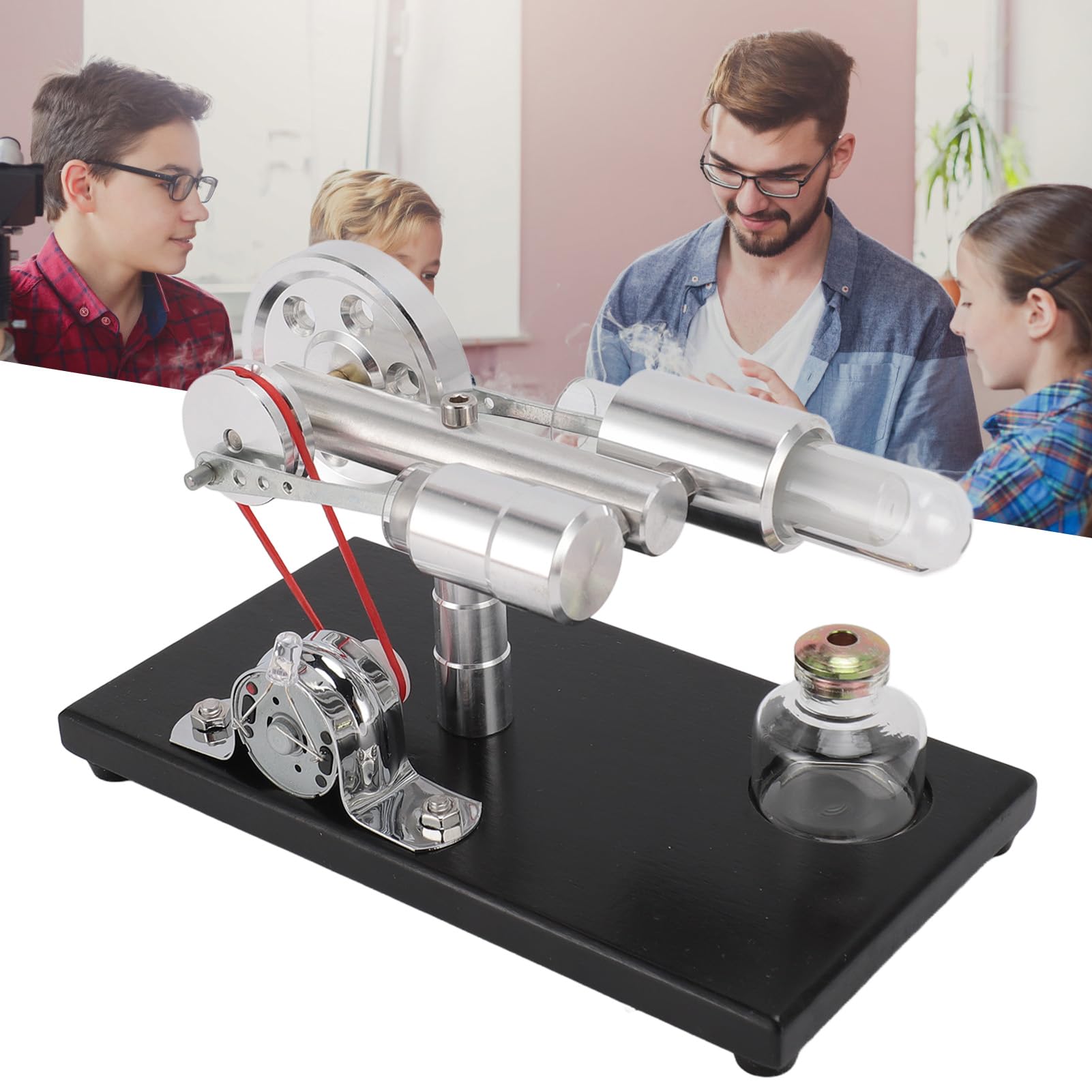 Kit Motore Stirling con Luce LED Colorata Combustione Esterna Generatore di Energia Elettrica Lega di Alluminio Vetro Base in Legno di Pino Giocattolo di Fisica per Scienze