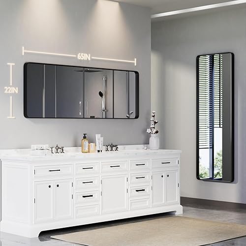 Miniatura 6 de Yamazakura Espejo de baño grande para pared, 65 x 22 pulgadas, marco negro mate, espejo de tocador de baño para sala de estar de granja, dormitorio,