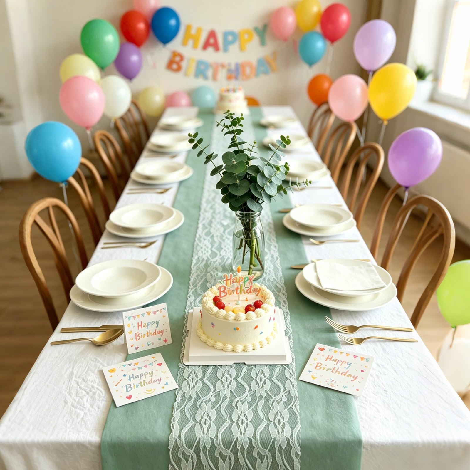 Tischläufer Set - Eukalyptus Grün Vlies Tischband (30 cm x 25 m) und Weiß Spitzenband (15 cm x 25 m) für Kommunion, Taufe, Geburtstag, Hochzeit, Elegante Tischdekoration