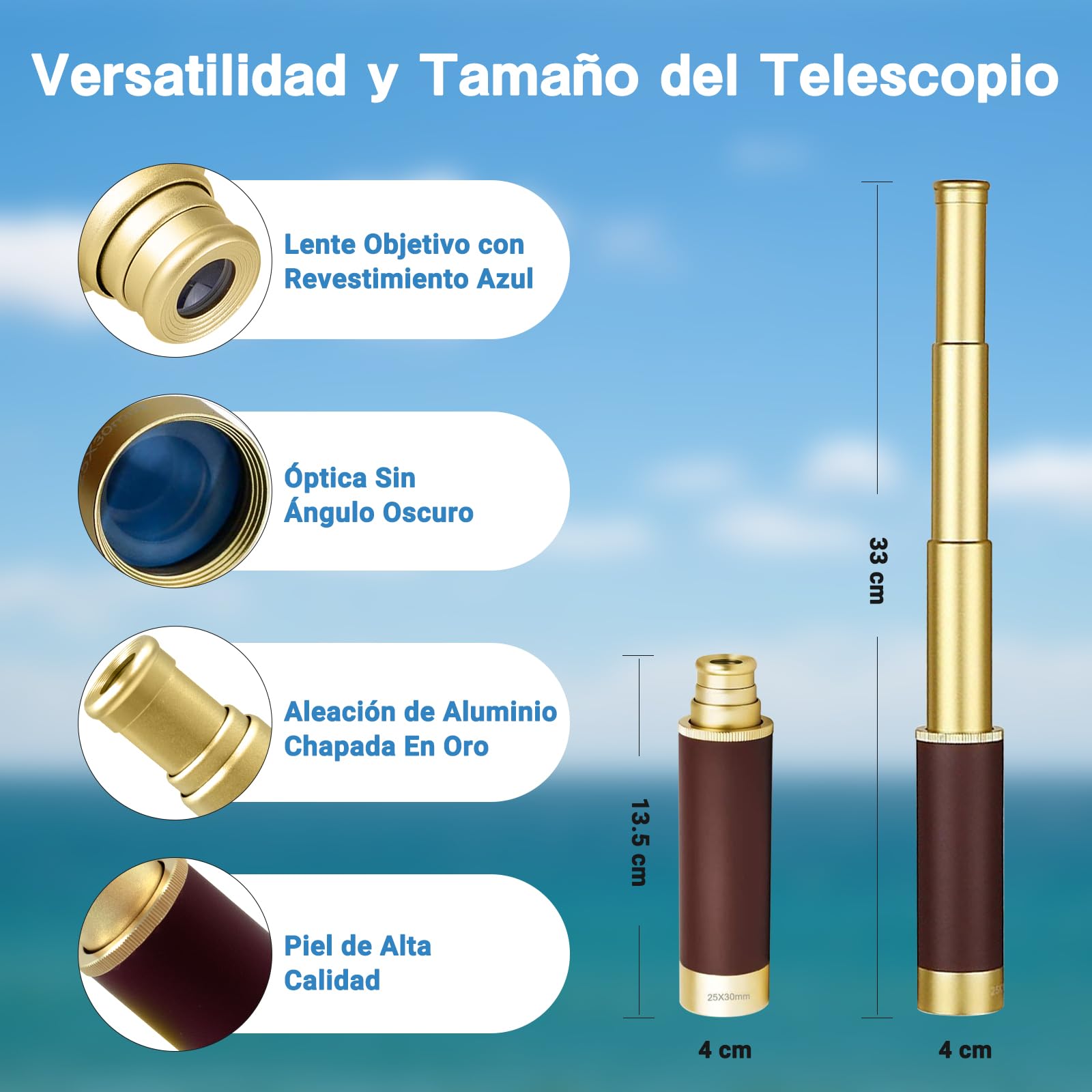 Retro Piratas Telescopio Zoom, 25 x 30, Binoculares Portátil, Plegable, Telescopio de Mano Vintage Monocular para Niños y Colección Clásica, Brújula para Camping Caza Navegación