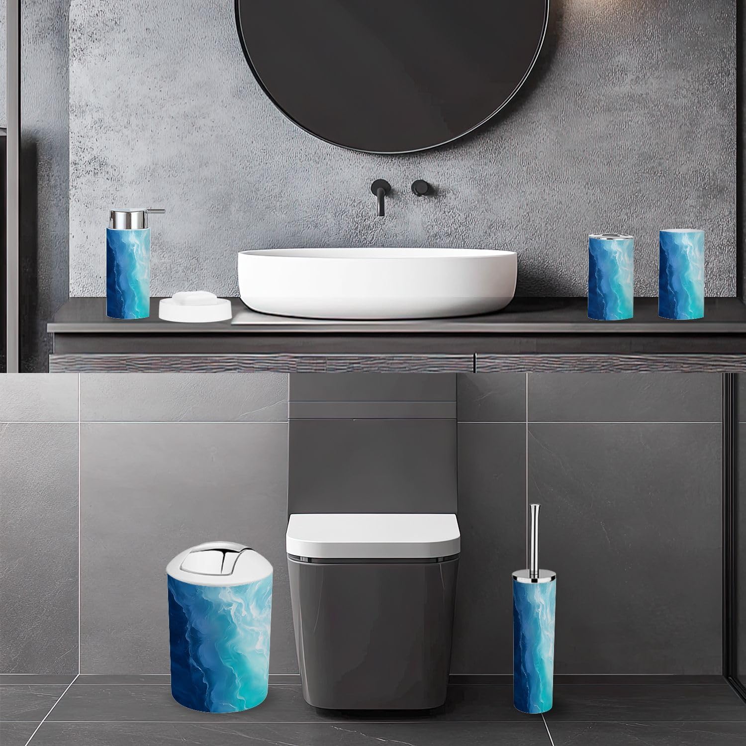 Bathroom Accessory Set 6 Piece Blue Teal Ocean Wave Sea Nautical Beach Abstract Modern Seaside Trash can, Toothbrush Holder, Soap Dispenser, Soap Dish, Toothbrush Cup, Toilet Brush Holder