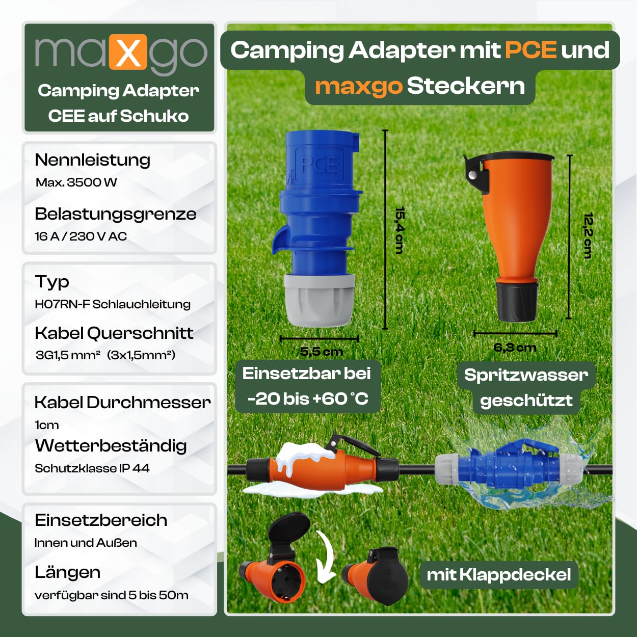 CEE auf Schuko Adapter 15m Camping Stromkabel PCE H07RN-F 3x1,5 Landstromkabel Wohnmobil Wohnwagen Kabel Camping Adapter 15 Meter Strom Verlängerungskabel CEE-Stecker Campingstecker