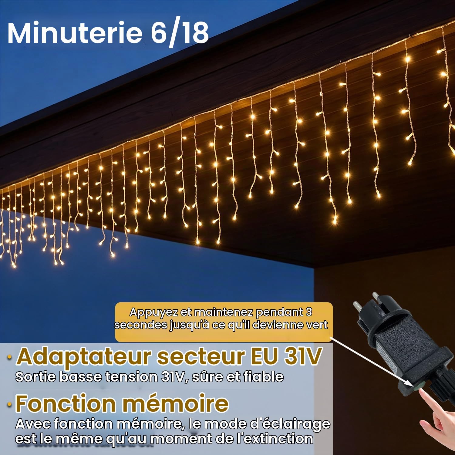 Guirlande lumineuse à LED Pluie de glace extérieur 15m | 600 Leds Blanc Chaud Guirlande lumineuse de Noël d'extérieur avec 8 modes, Timer, IP44 pour Noël, Avant-toits, jardins