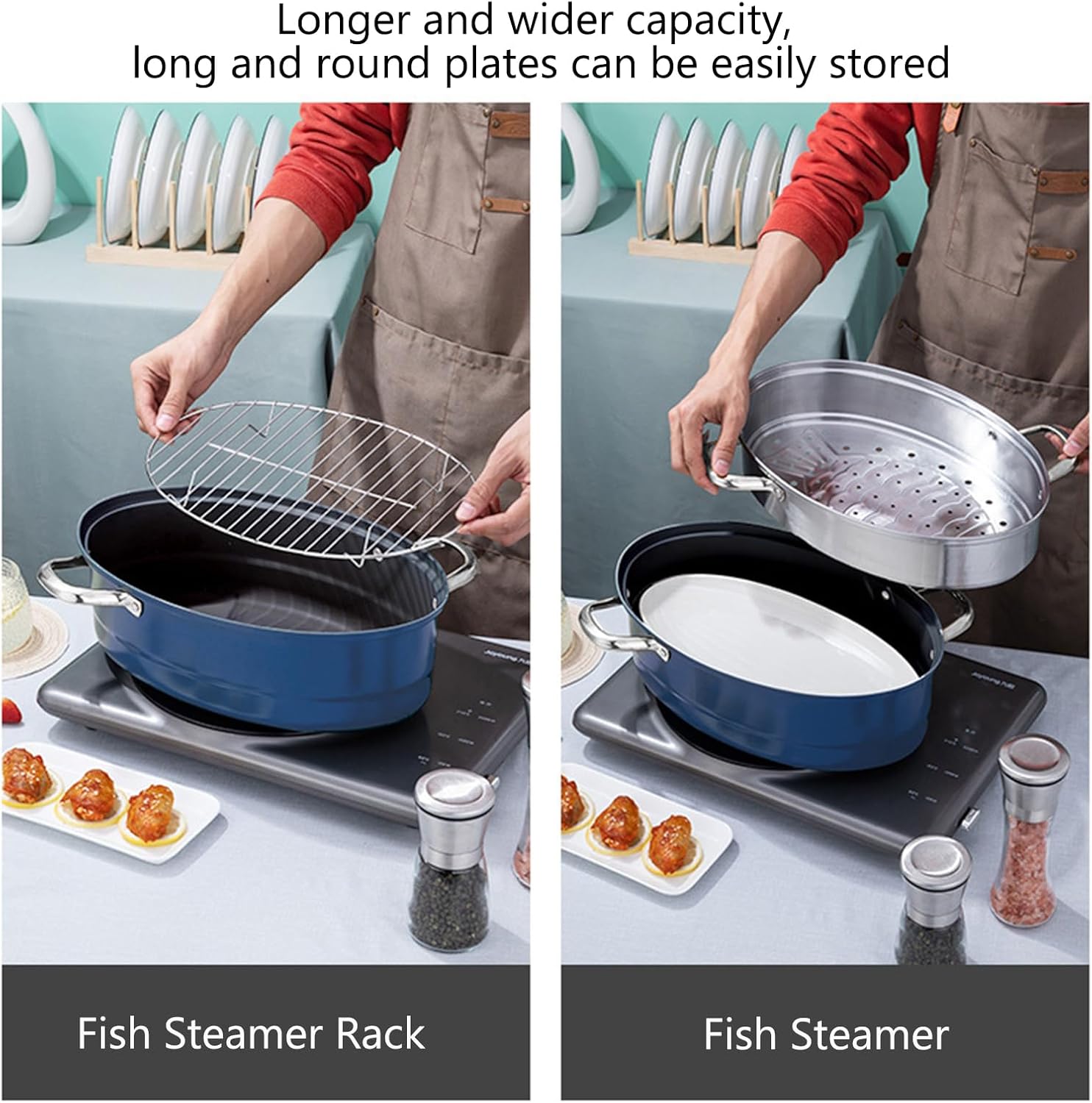 Elliptical Steamed Fish Pot Set with Lid, Ceramic Pan, Chuck, Rack - 2-tier Multipurpose Steaming Pot Cookware Fish Poacher for Vegetable, Dumpling, Sauce (Silver)