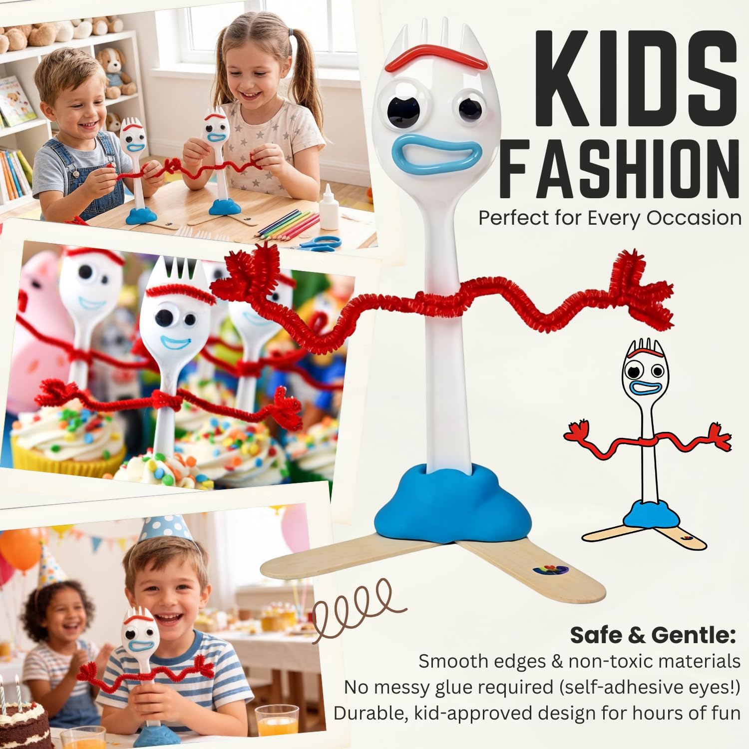 Fork Creativity Set, 100 Sets Forky DIY Creative Crafts Pack Plastic Sporks Red Pipe Cleaners Googly Eyes Popsicle Stick