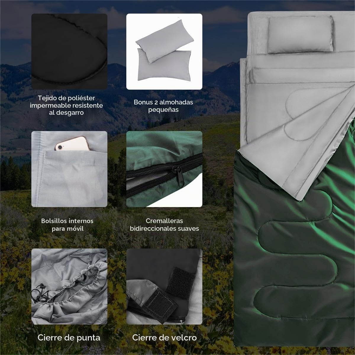 SOARS Saco de Dormir Doble para 2 Personas con 2 Almohadas y Bolsa de Transporte, Impermeable de Invierno para Adultos, para Camping al Aire Libre