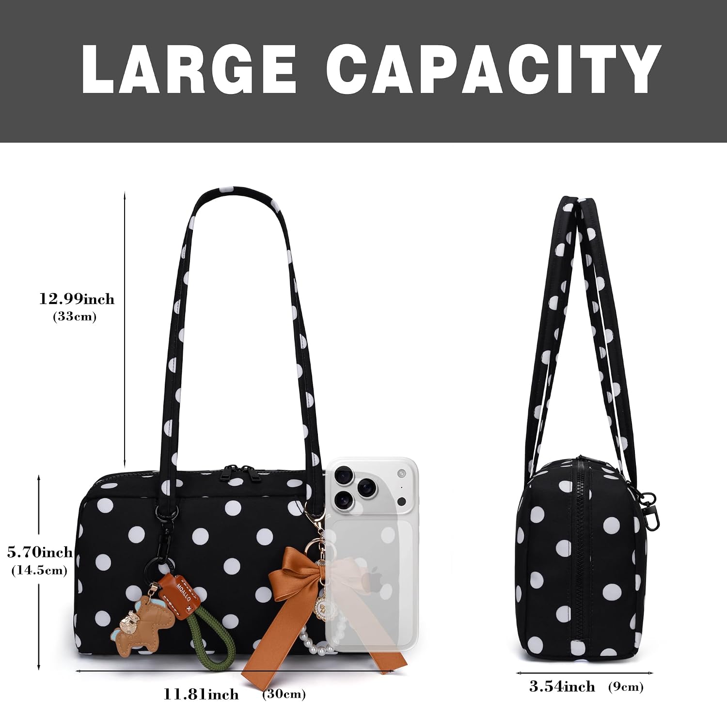Nylon Bowler Bag Shoulder Purses for Women with Charm Loop