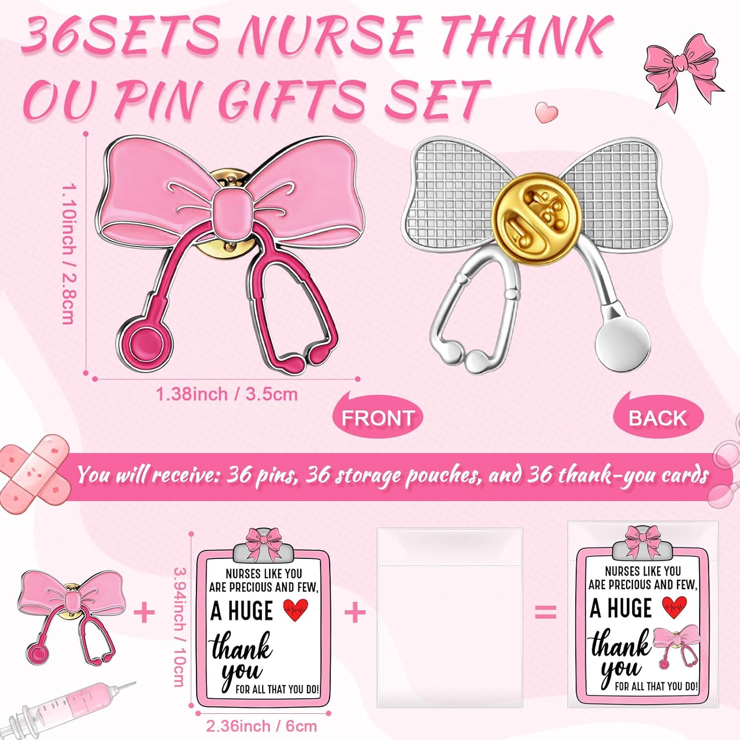 Highergo 36 Sets Nurse Appreciation Gifts Pink Bowknot Enamel Pins Stethoscope Brooch Badge with Thank You Cards for Nurse Doctor