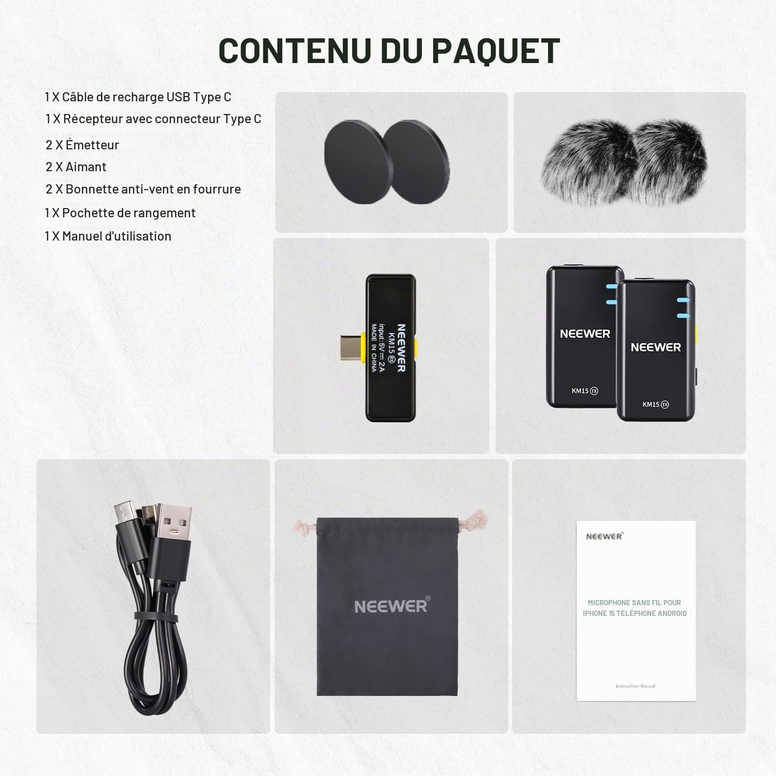 Neewer Kit Microphone Cravate sans Fil pour Phone avec USB TypeC,Micro Cravate pour iPhone1615 Série Téléphone Android,Système Microphone Cravate Antibruit,Enregistrement Vidéo en Direct Podcast,KM15
