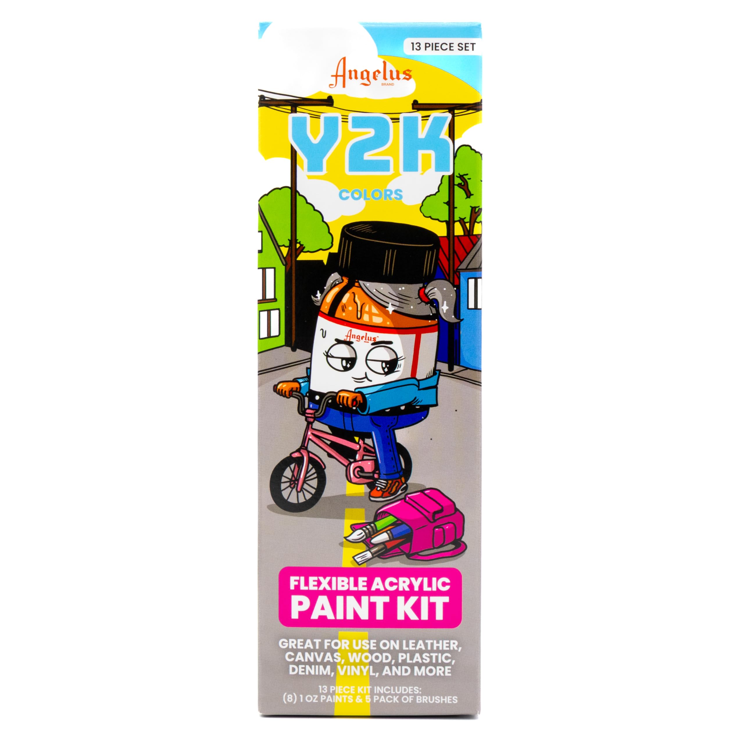 Angelus Kit di pittura per pelle, set da 13 pezzi con 8 colori acrilici flessibili (28,3 g ciascuno) e set di pennelli da 5 pezzi, personalizza scarpe da ginnastica, pelle, tela, legno, denim, vinile