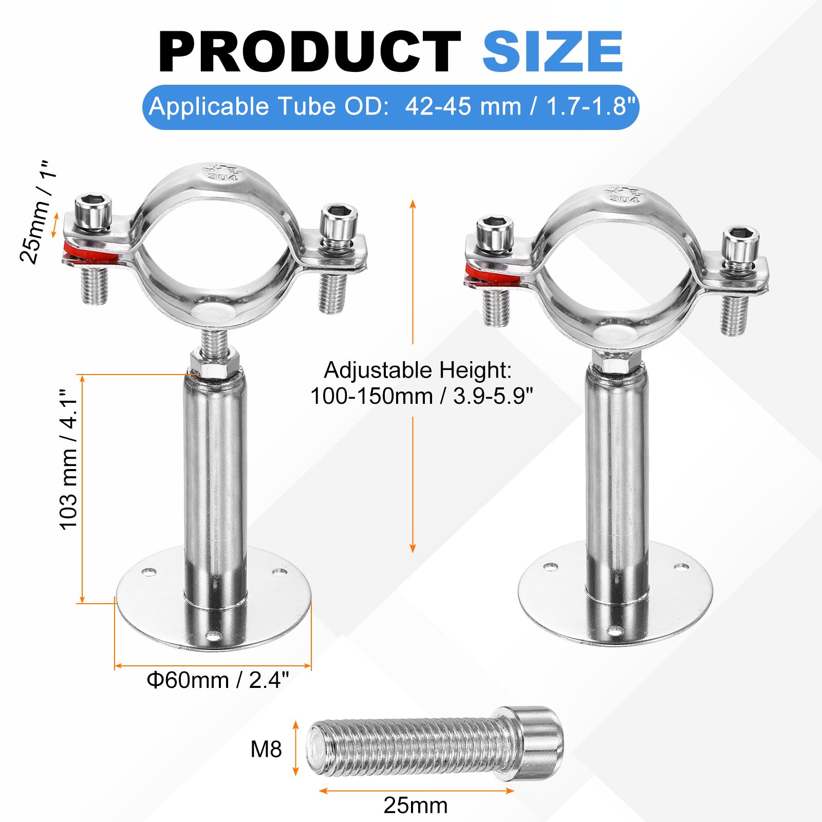 QUARKZMAN 2 Juegos Soportes Para Tuberías Montaje En Pared O Techo Acero Inoxidable 304 Con Tornillos Para Tuberías Con Diámetro Exterior 1.7"-1.8" (42-45mm) Altura Ajustable 100-150mm