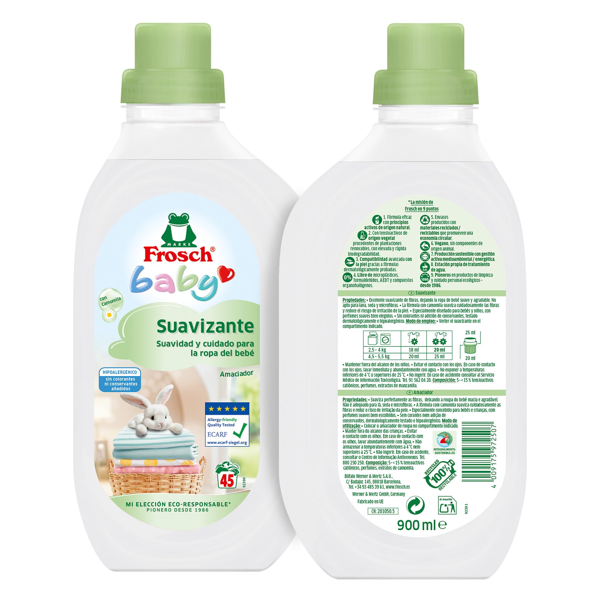 Frosch Baby - Suavizante Concentrado Liquido para Lavadora para Ropa de Bebé, Apto para Pieles Sensibles, Producto Ecológico y Hipoalergénico - Pack 8 x 900 ml