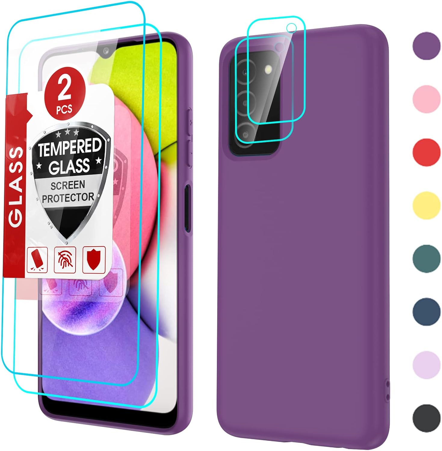 LeYi A03S Samsung Phone Case, A03S Case with [2 Pack] Tempered Glass Screen Protector & Camera Lens Protector, Liquid Silicone Slim Silky-Soft Phone Case for Samsung A03S (6.5 Inch), Red Purple
