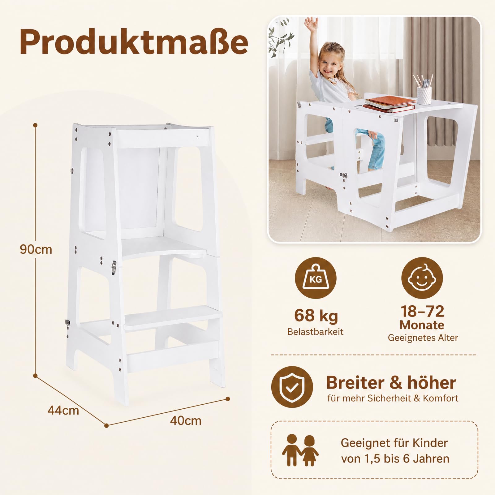 Lernturm ab 1 Jahr, Klappbarer Learning Tower mit Tafel & Stifte-Set | 3 in 1 Learning Tower für Kinder, 50kg Belastbar Trittschemel, Multifunktion Montessori Entdeckerturm für Küche & Bad
