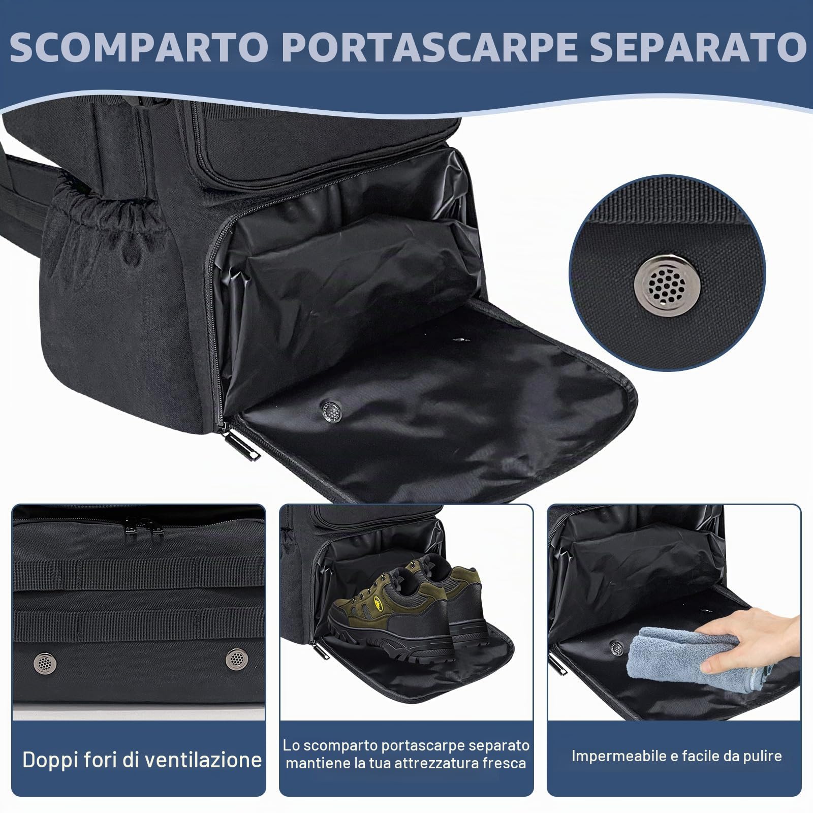 70L Zaino da Trekking per Uomini e Donne, Borsa da Campeggio con Scomparto Scarpe, Grande Zaino Militare Tattico, Zaino Tattico MOLLE per Escursionismo, Viaggio e Sport (Nero)