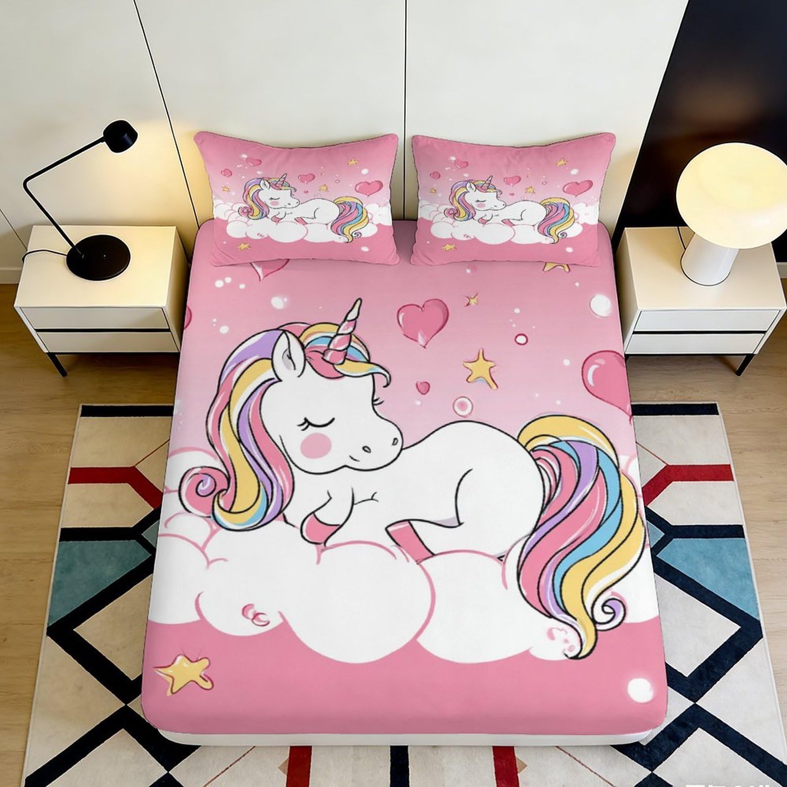 3D Printed Unicorn Fitted Sheet Microfiber Soft Breathable Pink Bed Cover with Rainbow Design Mattress Cover for Bedroom Dormitory Guest Room 140x200x25cm