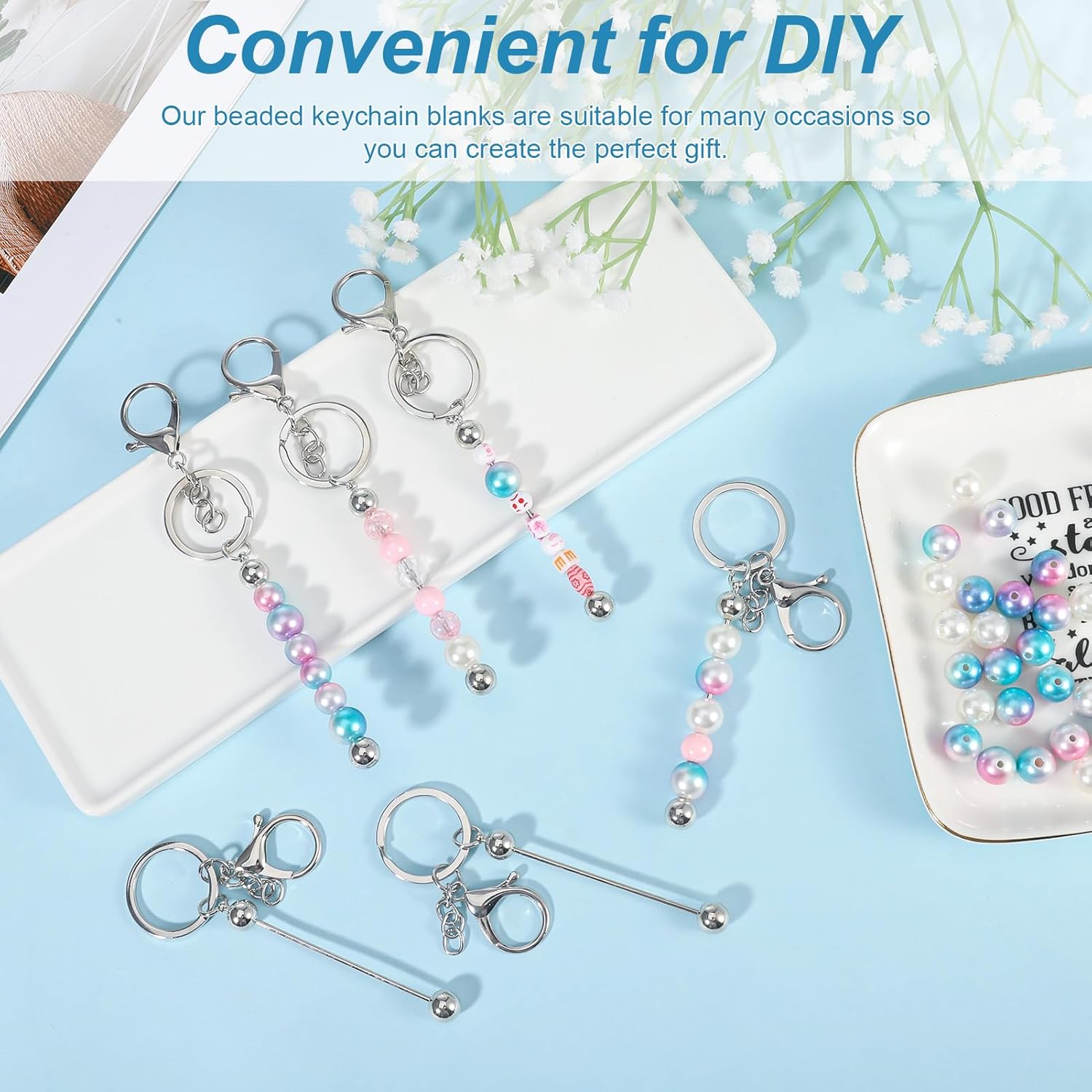 20 Pcs Beadable Keychain Bars, Blank DIY Kit for Beads, Metal Beaded Making Supplies - Image 5