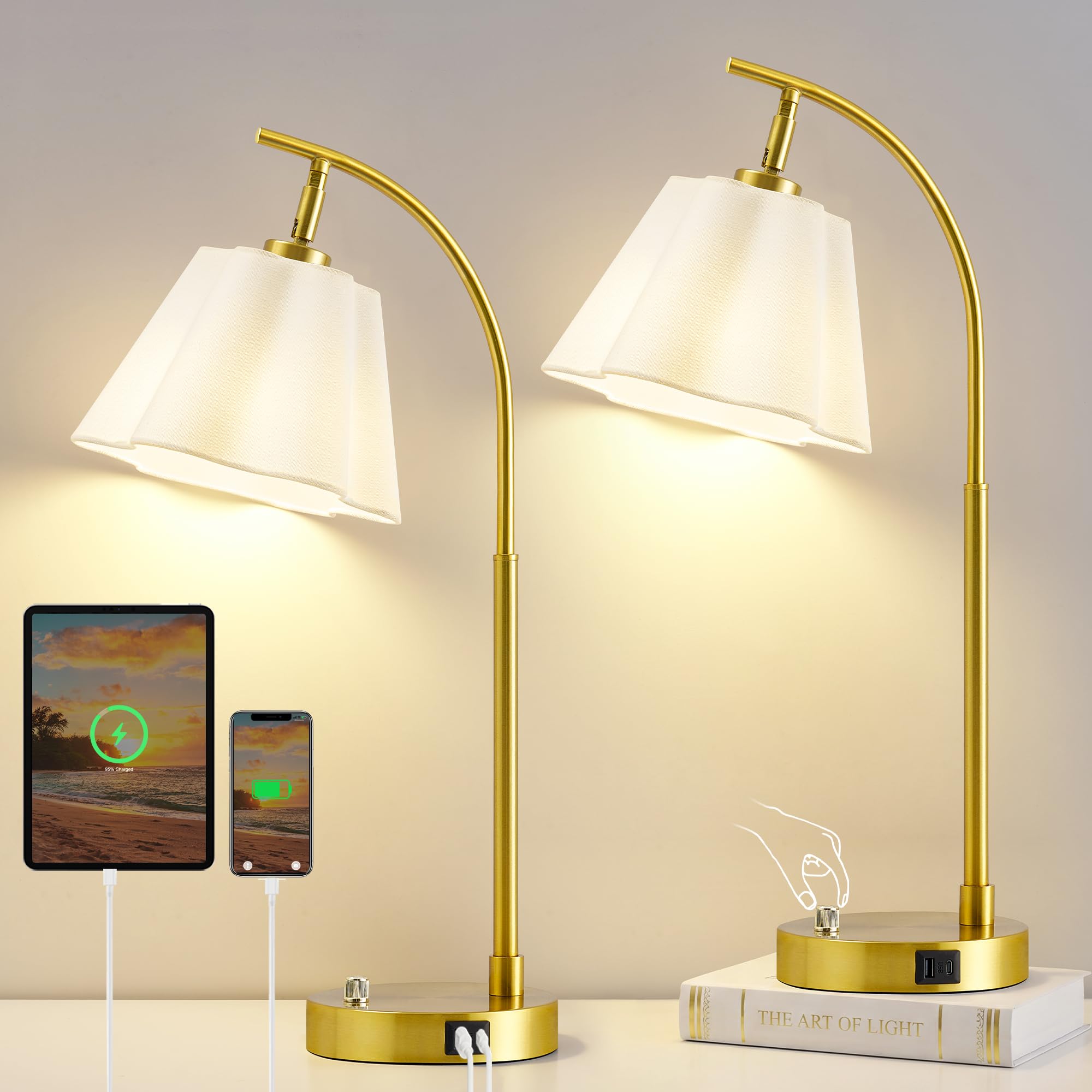 View 1 of ***STOCK PHOTO FOR REFERENCE ONLY***Table Lamps Set of 2, Stepless Dimmable Bedside Lamps with USB A&C Ports